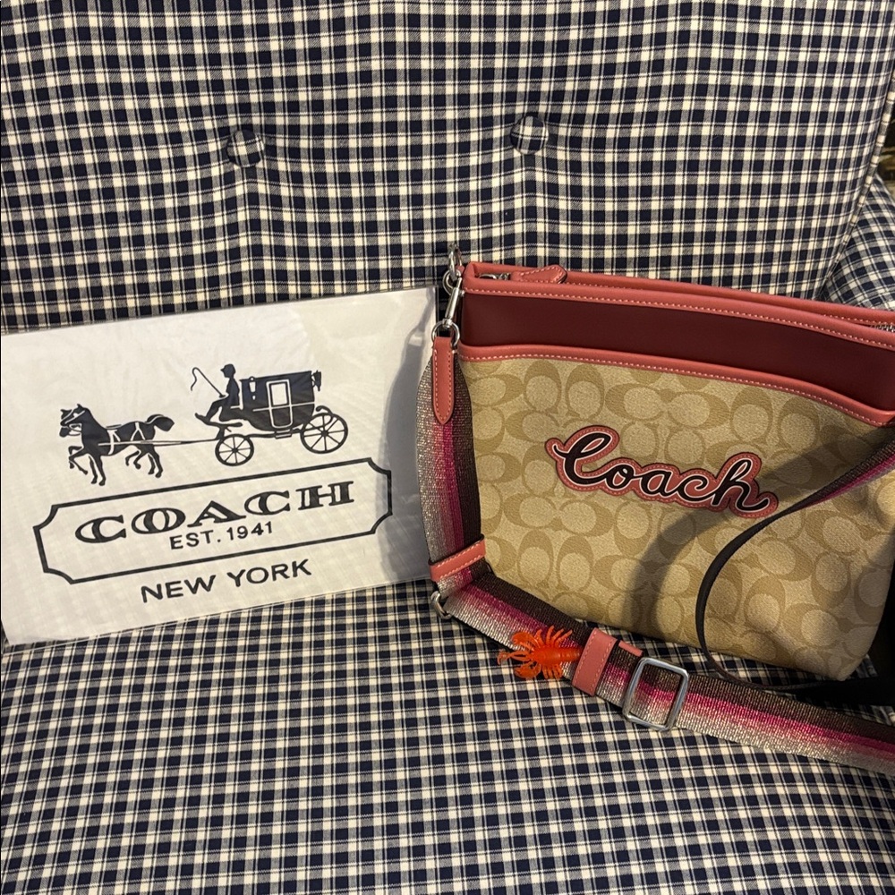 Coach signature file Beige and Burgundy Crossbody Bag